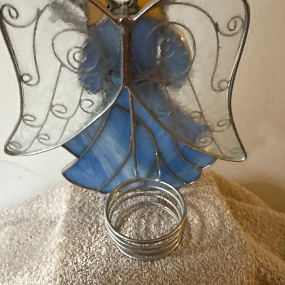 Vintage Blue Angel Stained Glass Votive Candle Holder Christmas 10